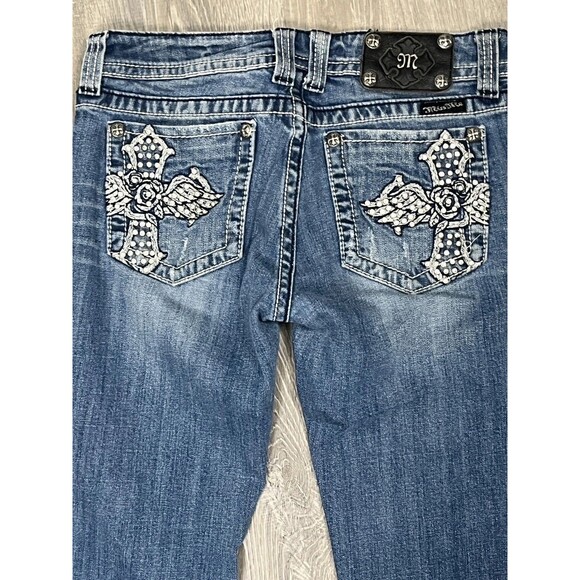 Miss Me Jeans Y2K Boot Cut Distress Ripped Rhinestone Cross Rose 29 Western Glam - Picture 4 of 7